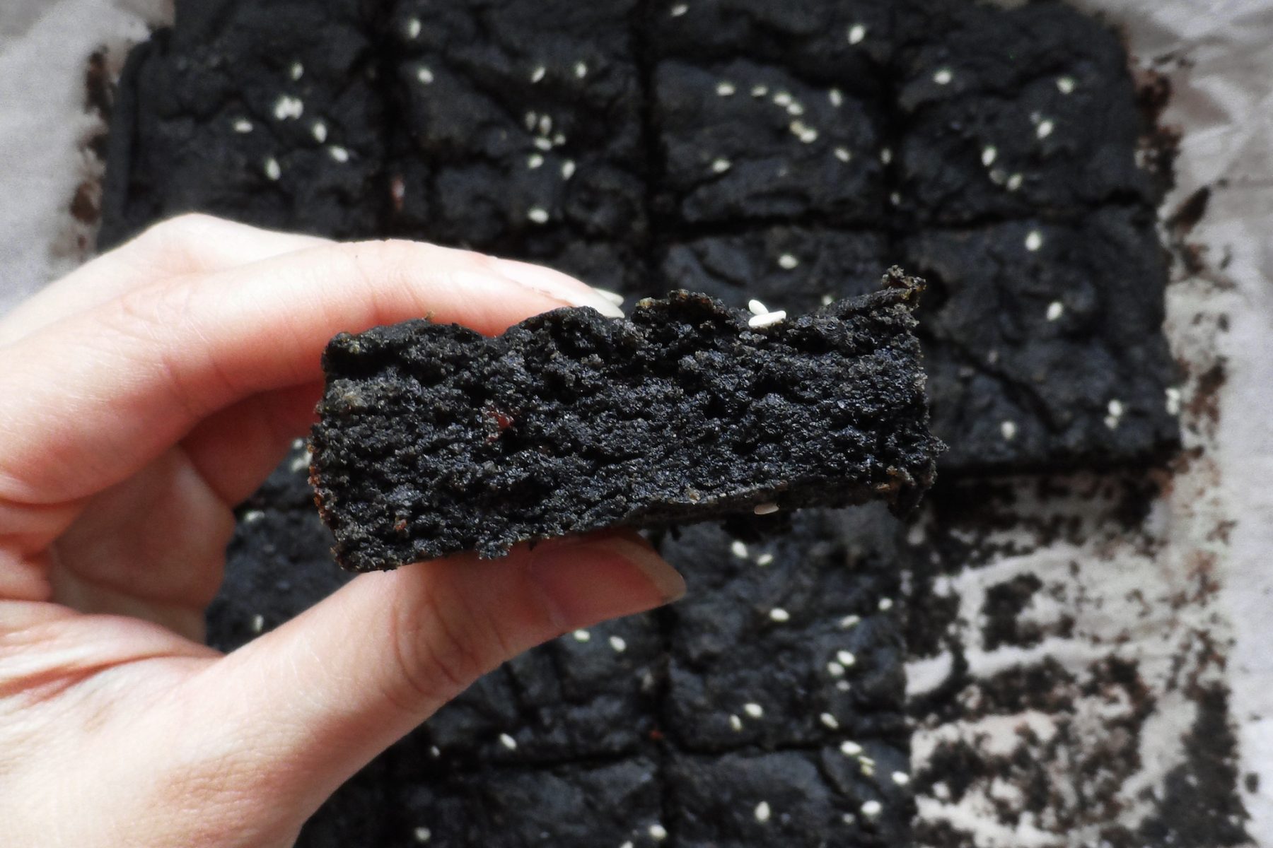 black sesame paste chickpea brownies recipe no flour, egg, oil and can be vegan friendly